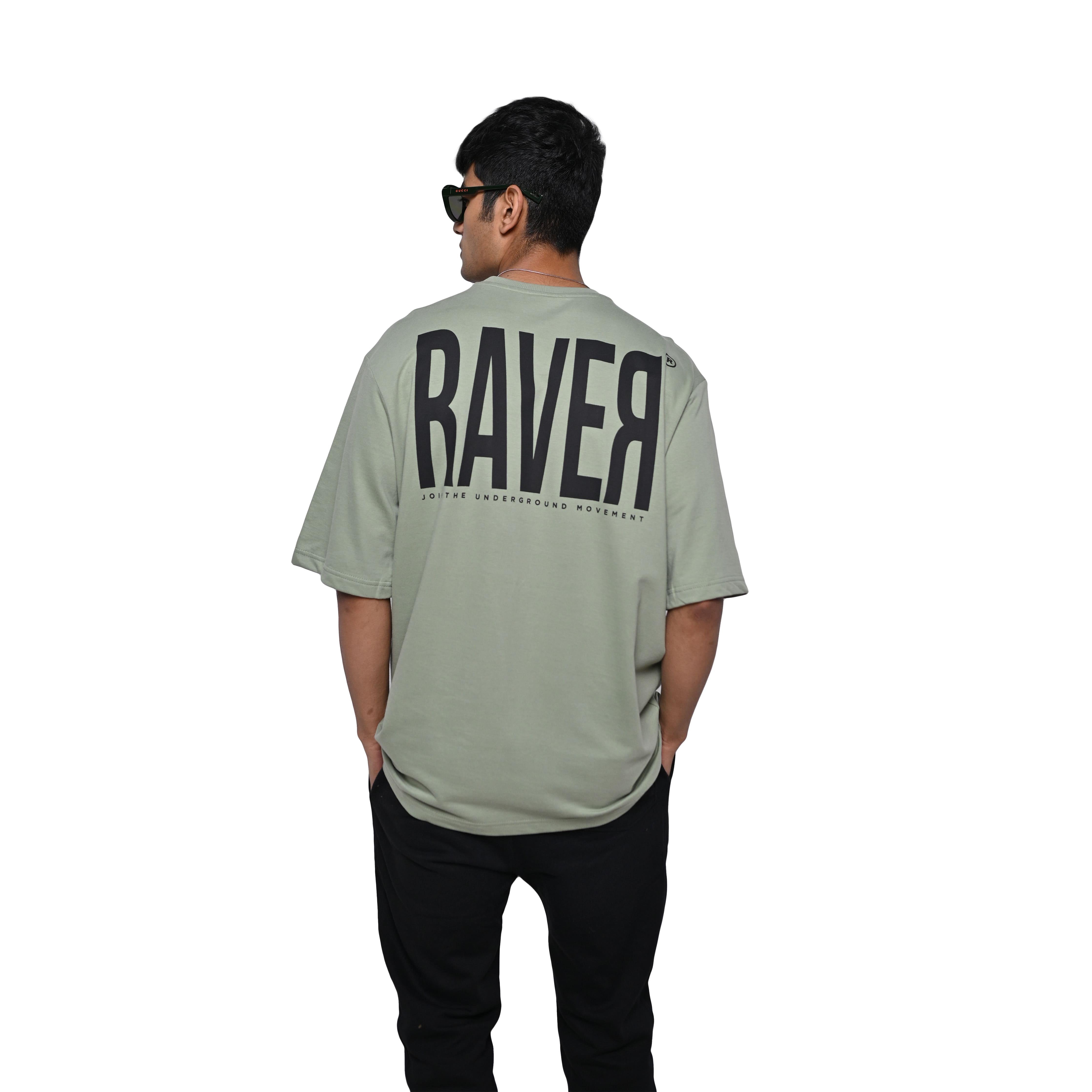 Raver T-Shirt: Light Green, Oversized, Back Model Pose, Bio-Washed Cotton Printed by Techno Be With You