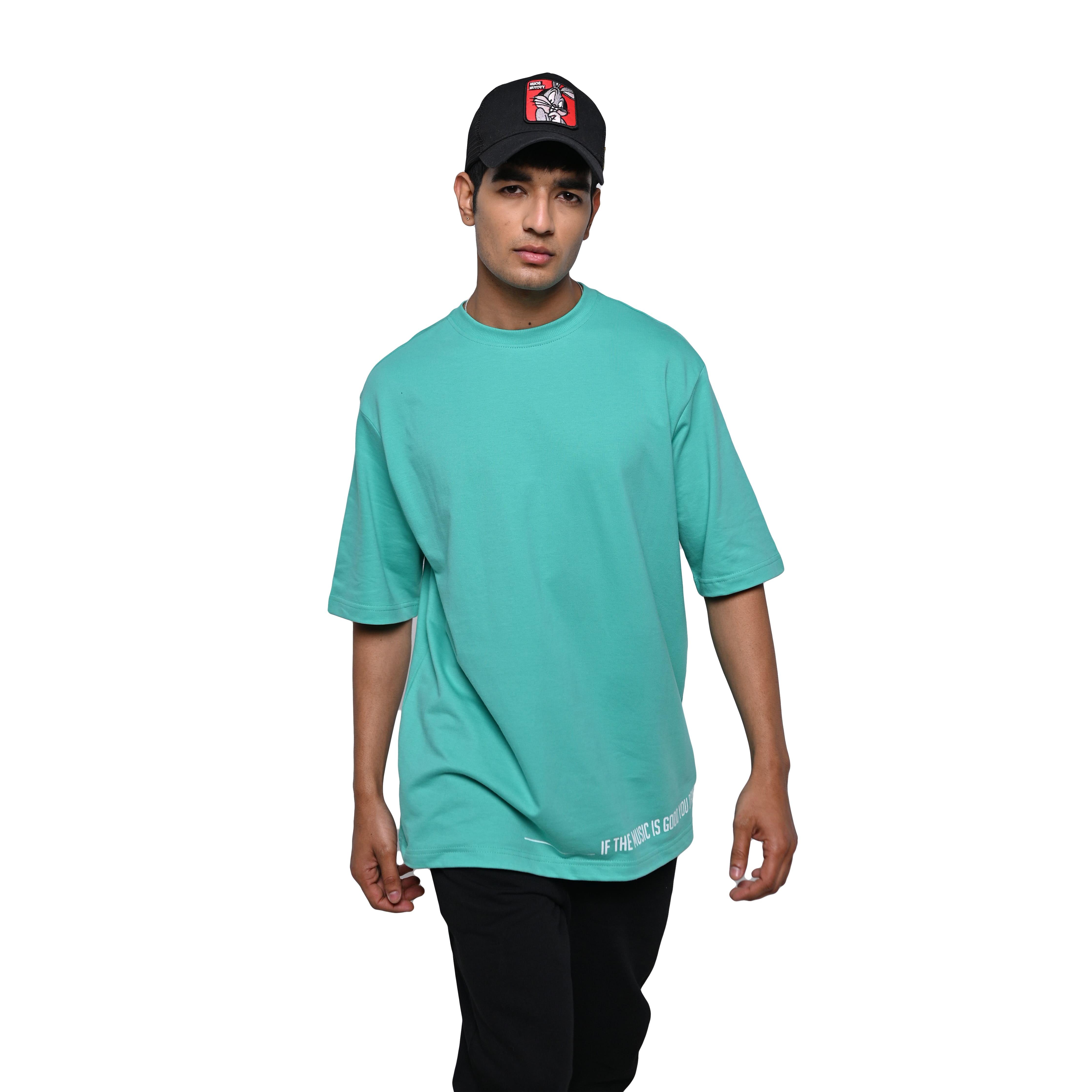 Feel the music T-Shirt: Bright Blue, Oversized, Front Model Pose, Bio-Washed Cotton Printed by Techno Be With You