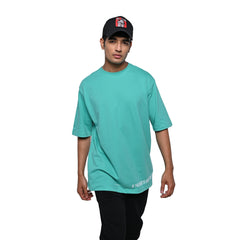 Feel the music T-Shirt: Bright Blue, Oversized, Front Model Pose, Bio-Washed Cotton Printed by Techno Be With You