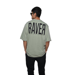 Raver T-Shirt: Light Green, Oversized, Back Model Pose, Bio-Washed Cotton Printed by Techno Be With You