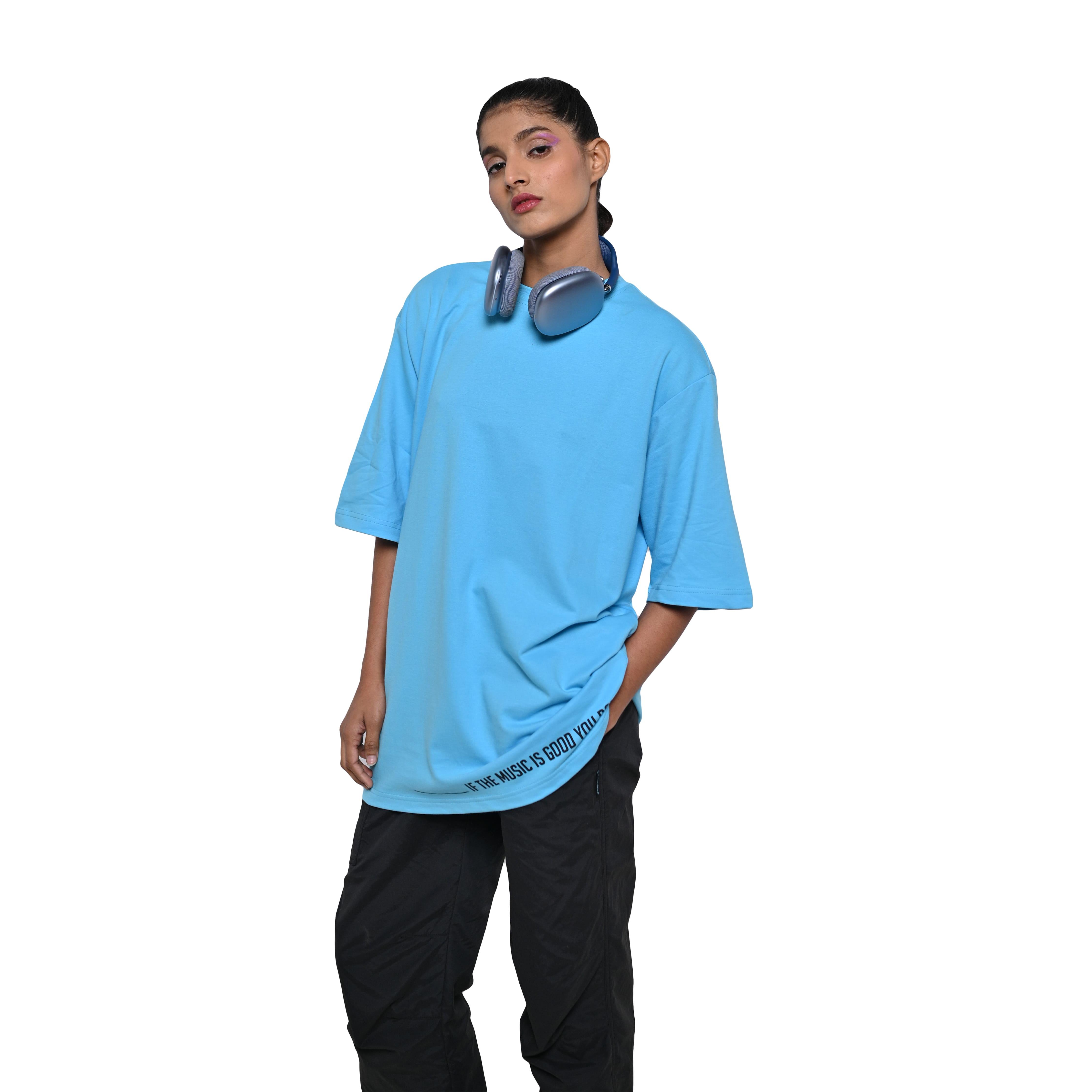 Feel the music T-Shirt: Blue, Oversized, Front Model Pose, Bio-Washed Cotton Printed by Techno Be With You