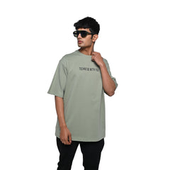 Raver T-Shirt: Light Green, Oversized, Front Model Pose, Bio-Washed Cotton Printed by Techno Be With You