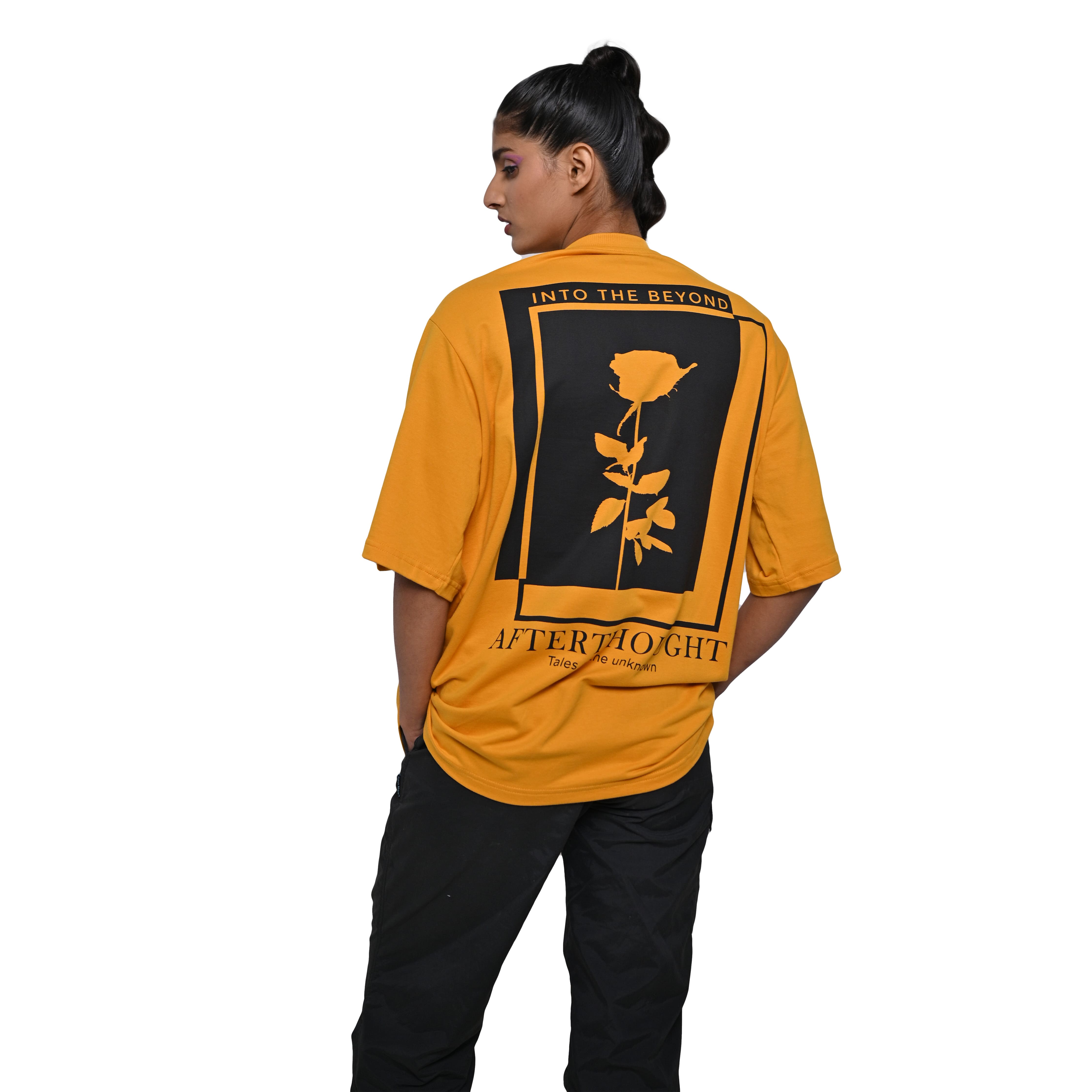 Oversized yellow t-shirt with Afterthought style print on the back side