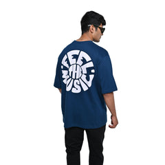 Feel the music T-Shirt: Dark Blue, Oversized, Back Model Pose, Bio-Washed Cotton Printed by Techno Be With You