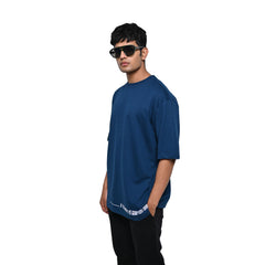 Feel the music T-Shirt: Dark Blue, Oversized, Front Model Pose, Bio-Washed Cotton Printed by Techno Be With You