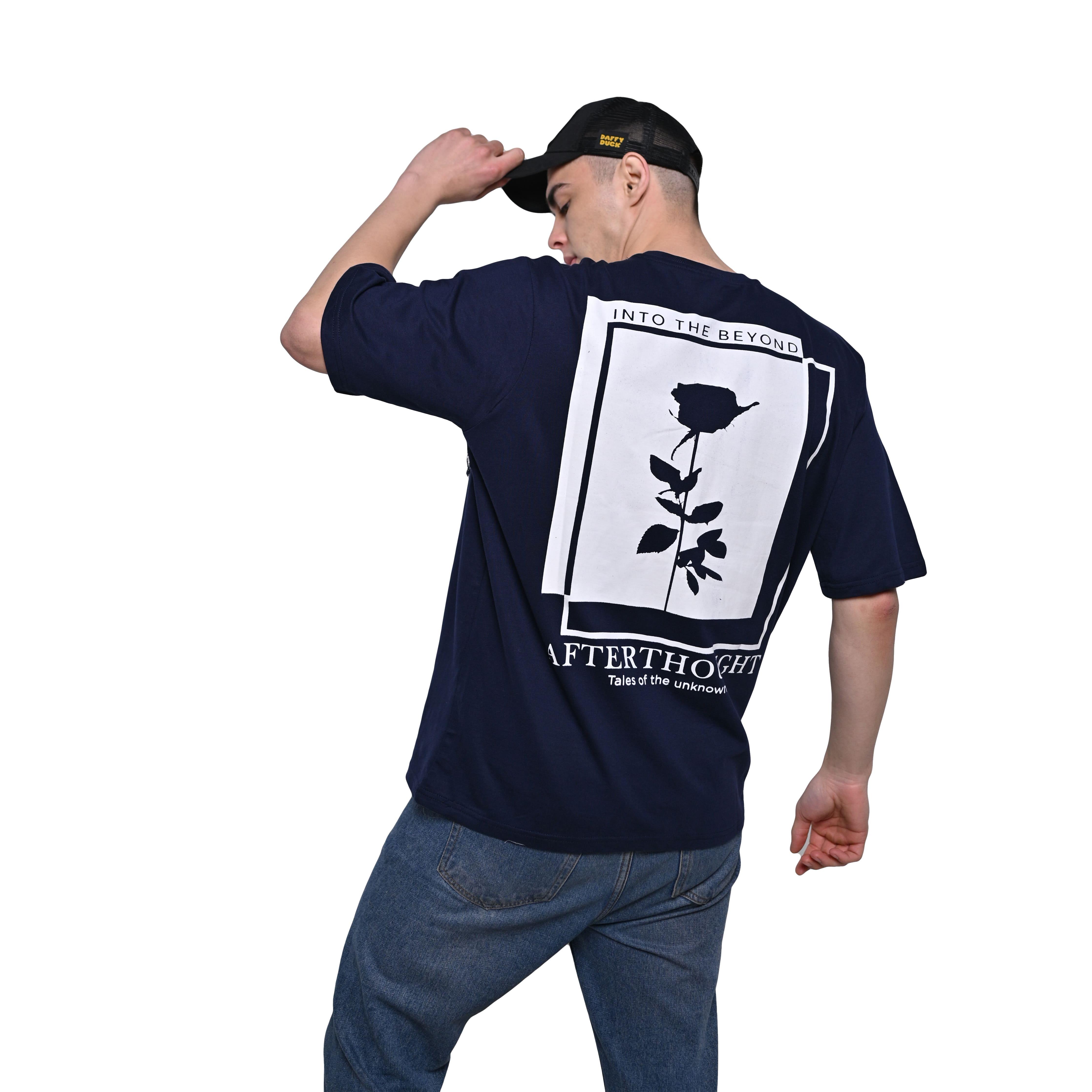 Afterthought Oversized T-Shirt: Blue, Oversized, Back Model Pose, Bio-Washed Cotton Printed by Techno Be With You