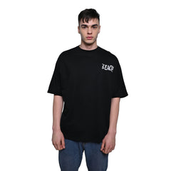 Protect Your Energy T-Shirt: Black, Oversized, Front Model Pose, Bio-Washed Cotton Printed by Techno Be With You