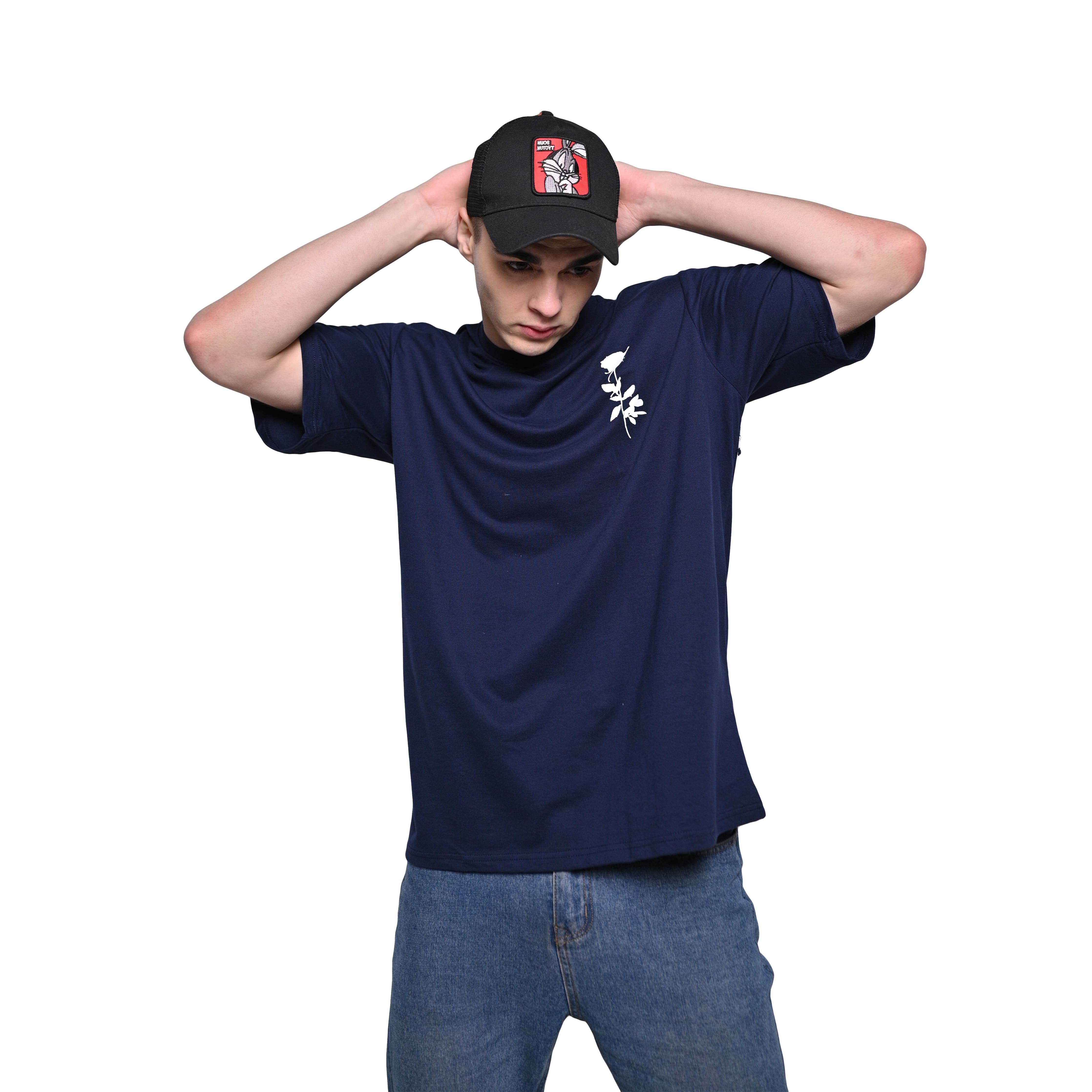 Afterthought Oversized T-Shirt: Blue, Oversized, Front Model Pose, Bio-Washed Cotton Printed by Techno Be With You