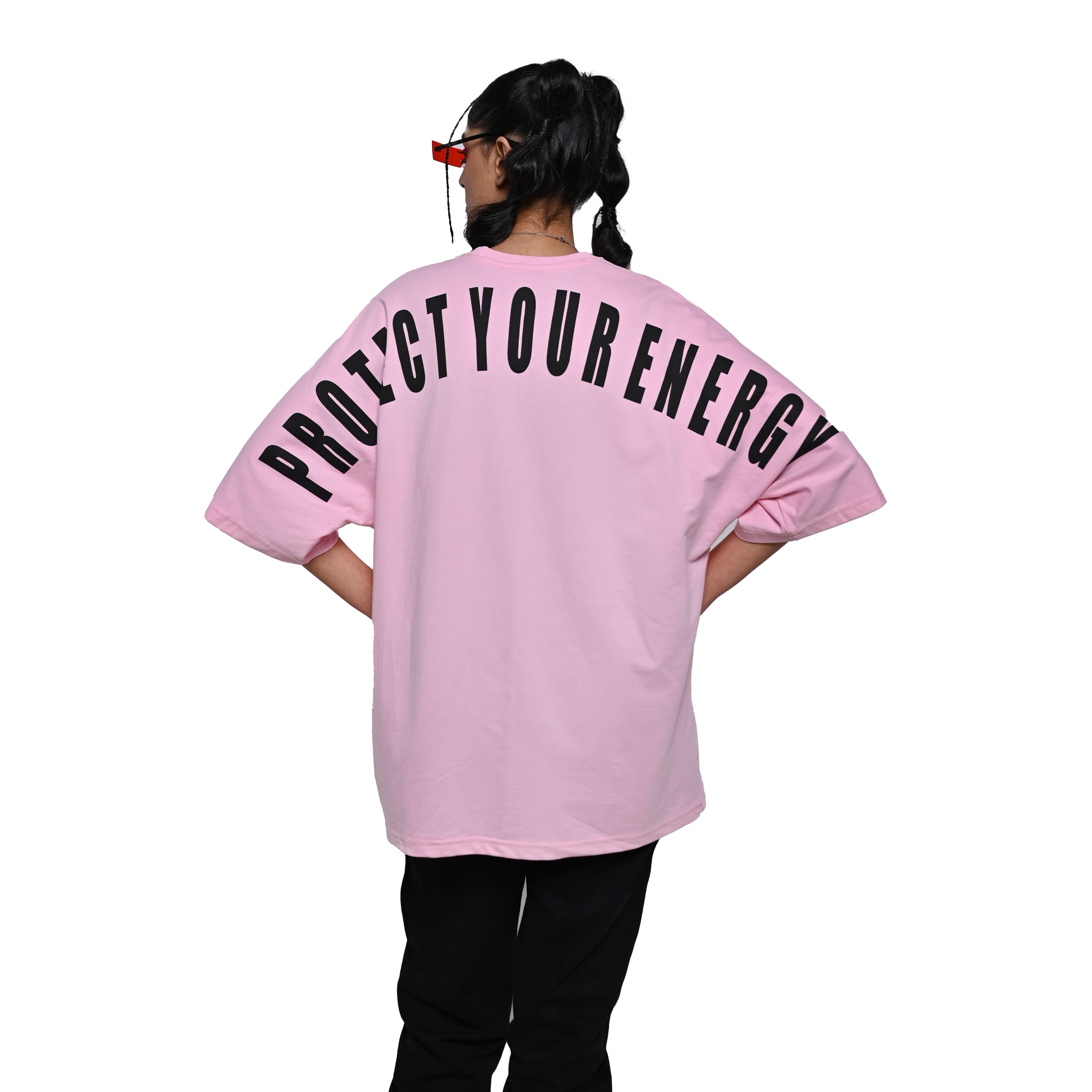 Protect Your Energy T-Shirt: Lilac, Oversized, Back Model Pose, Bio-Washed Cotton Printed by Techno Be With You