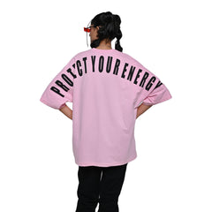 Protect Your Energy T-Shirt: Lilac, Oversized, Back Model Pose, Bio-Washed Cotton Printed by Techno Be With You