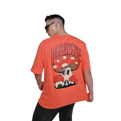 Magic Mushroom T-Shirt: Orange, Oversized, Back Model Pose, Bio-Washed Cotton Printed by Techno Be With You
