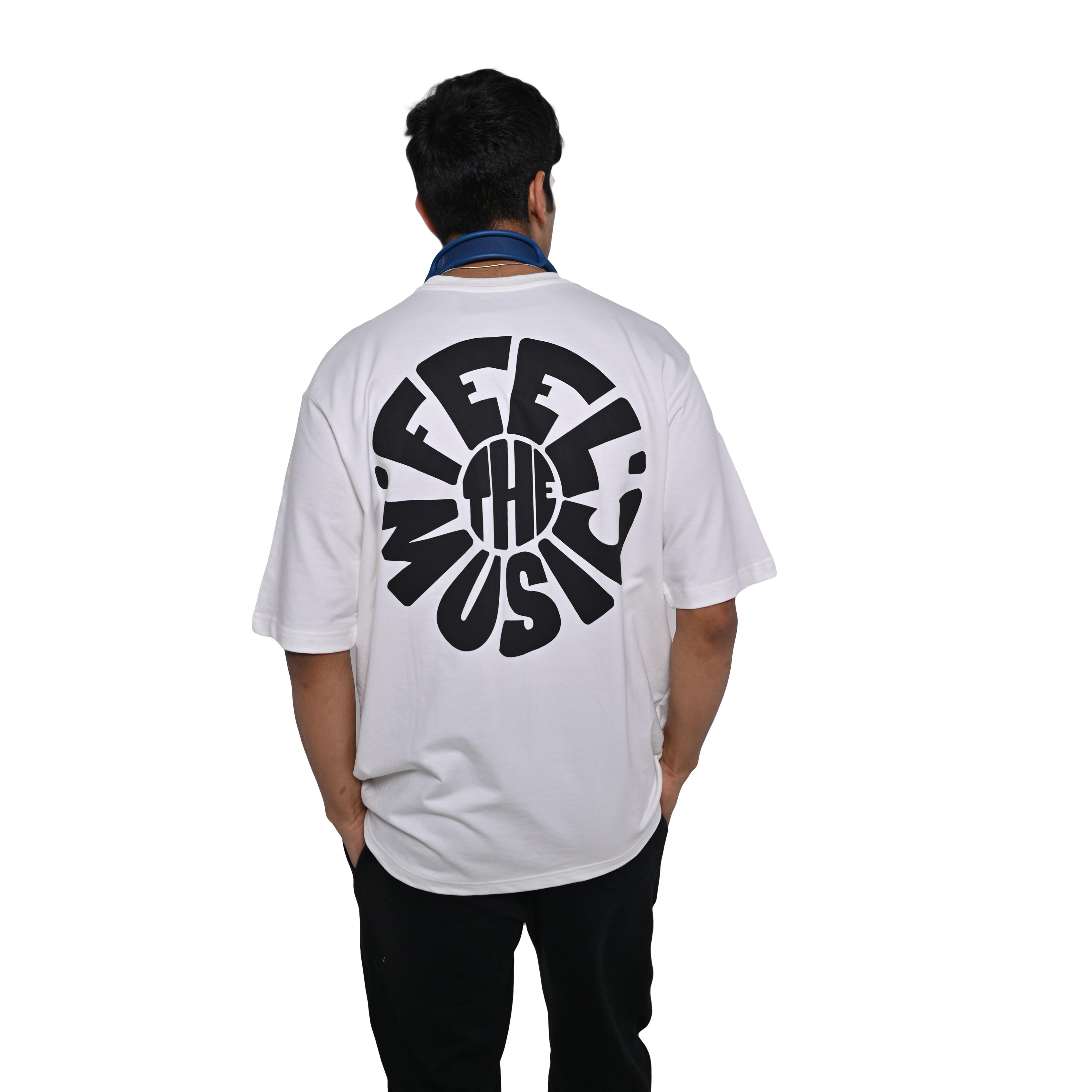 Feel the music T-Shirt: White, Oversized, Back Model Pose, Bio-Washed Cotton Printed by Techno Be With You