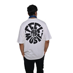 Feel the music T-Shirt: White, Oversized, Back Model Pose, Bio-Washed Cotton Printed by Techno Be With You