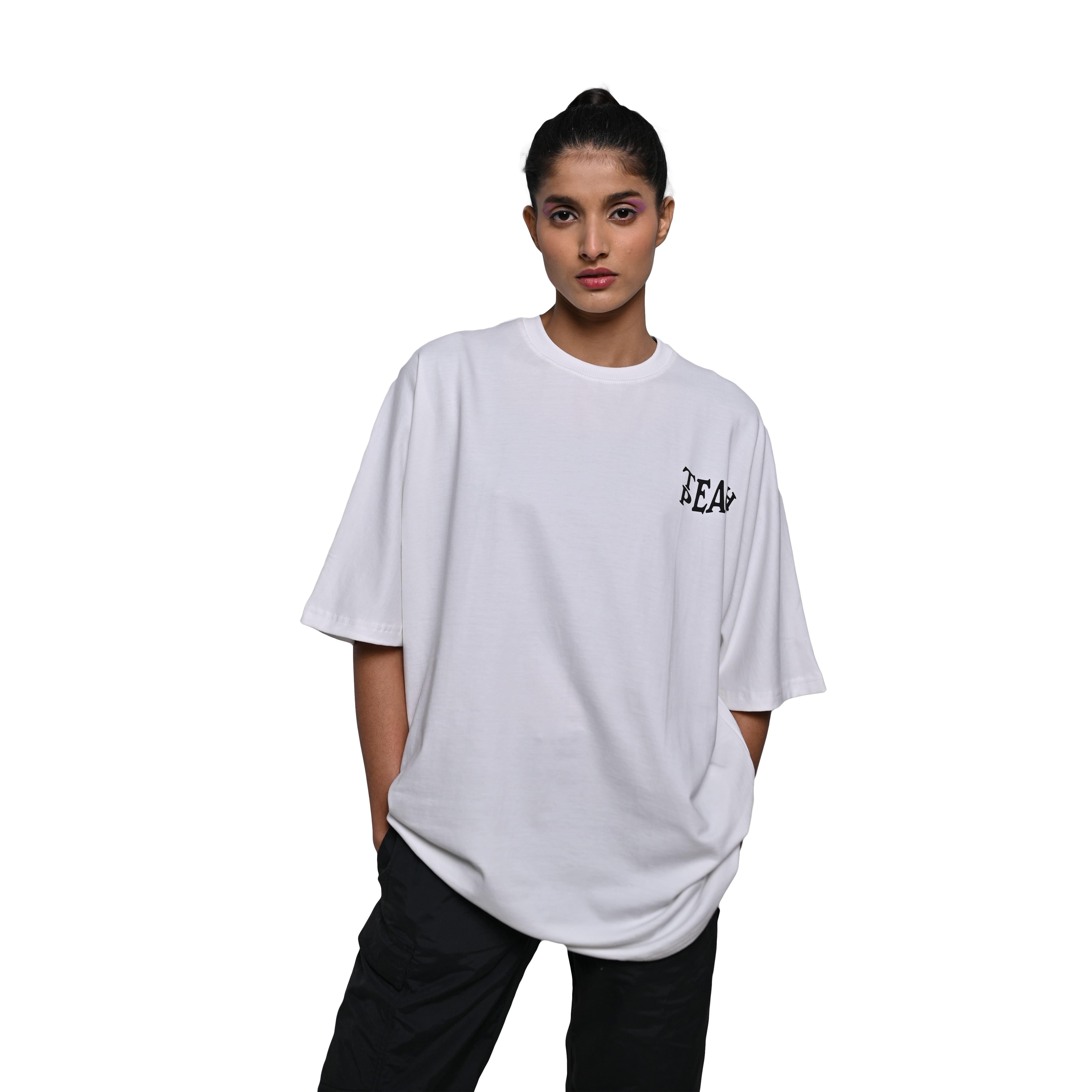 Protect Your Energy T-Shirt: White, Oversized, Front Side Model Pose, Bio-Washed Cotton Printed by Techno Be With You