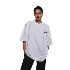 Protect Your Energy T-Shirt: White, Oversized, Front Side Model Pose, Bio-Washed Cotton Printed by Techno Be With You