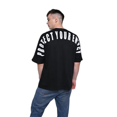 Protect Your Energy T-Shirt: Black, Oversized, Back Model Pose, Bio-Washed Cotton Printed by Techno Be With You