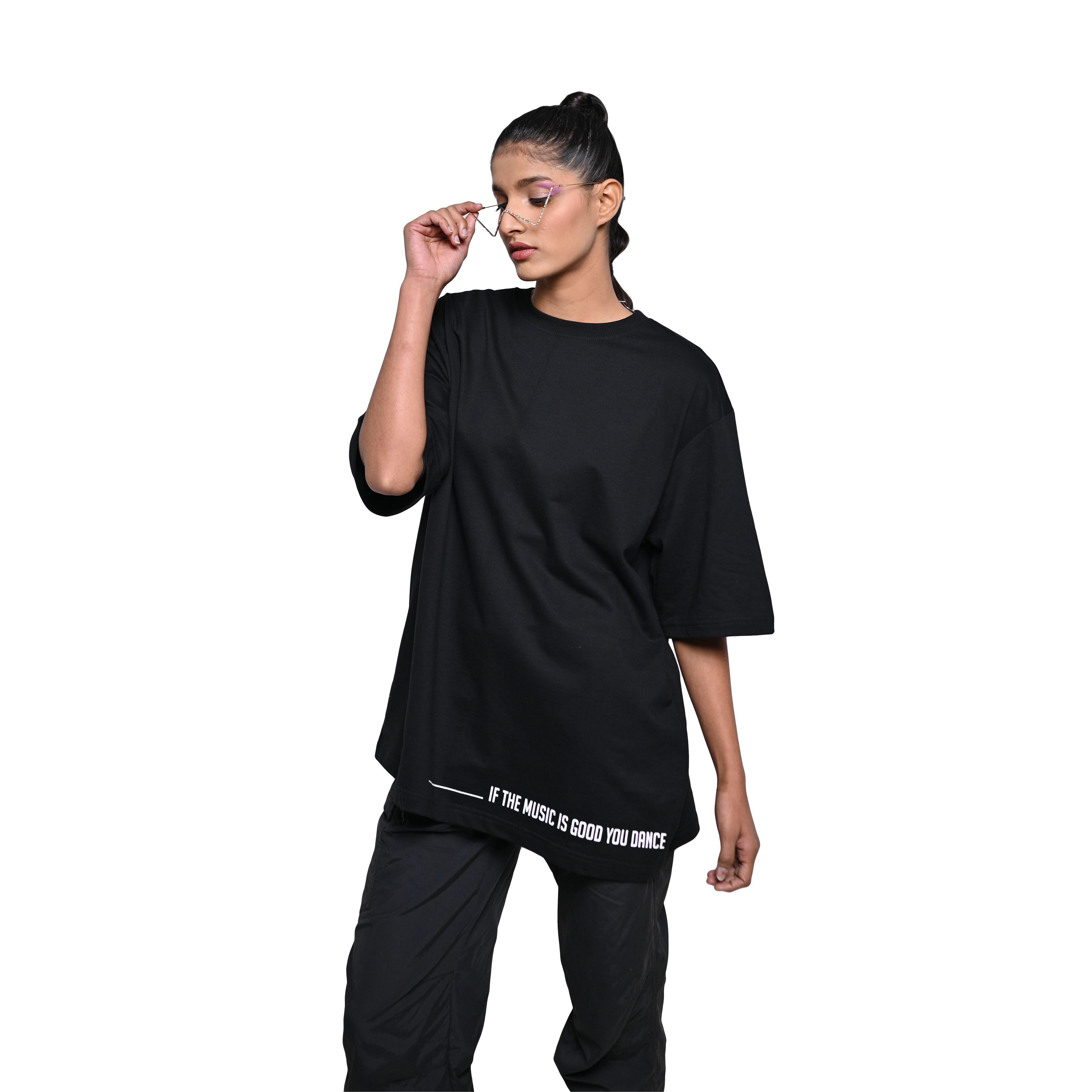 Feel the music T-Shirt: Black, Oversized, Front Model Pose, Bio-Washed Cotton Printed by Techno Be With You