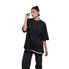 Feel the music T-Shirt: Black, Oversized, Front Model Pose, Bio-Washed Cotton Printed by Techno Be With You