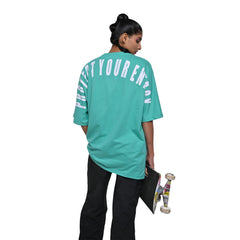 Protect Your Energy T-Shirt: Bright Green, Oversized, Back Model Pose, Bio-Washed Cotton Printed by Techno Be With You