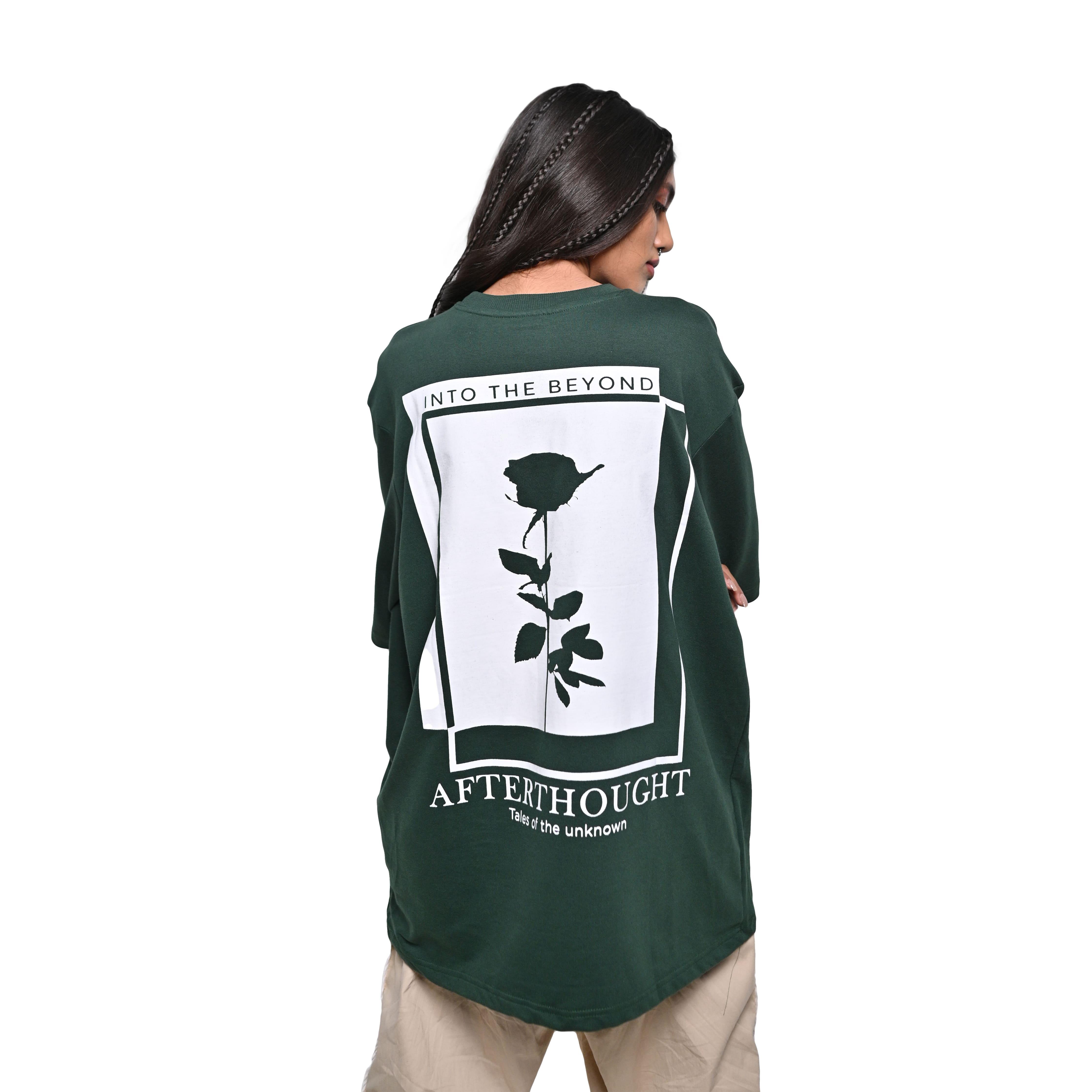 Afterthought Oversized T-Shirt: Olive, Oversized, Back Model Pose, Bio-Washed Cotton Printed by Techno Be With You