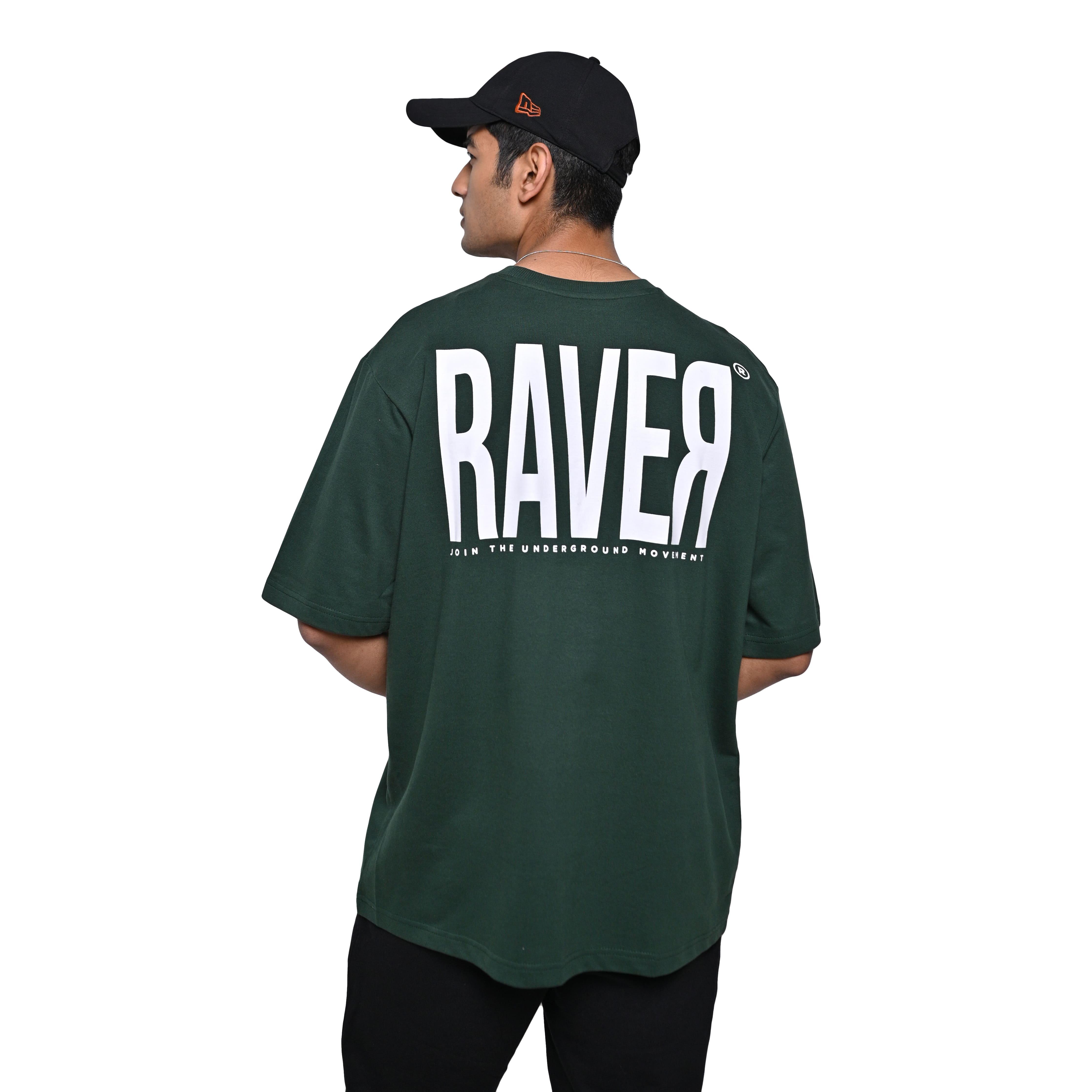 Raver T-Shirt: Dark Green, Oversized, Back Model Pose, Bio-Washed Cotton Printed by Techno Be With You