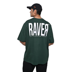 Raver T-Shirt: Dark Green, Oversized, Back Model Pose, Bio-Washed Cotton Printed by Techno Be With You