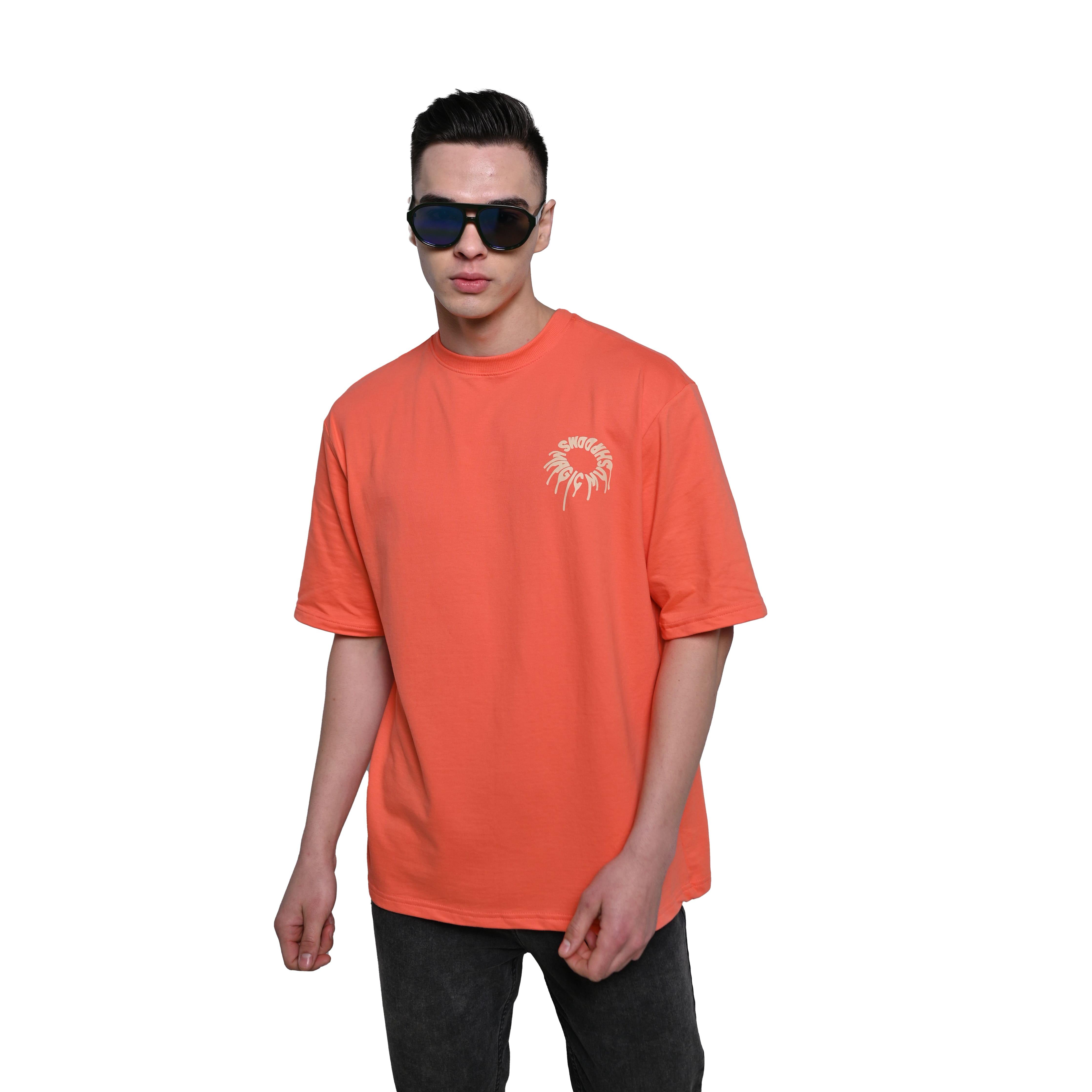 Magic Mushroom T-Shirt: Orange, Oversized, Front Model Pose, Bio-Washed Cotton Printed by Techno Be With You