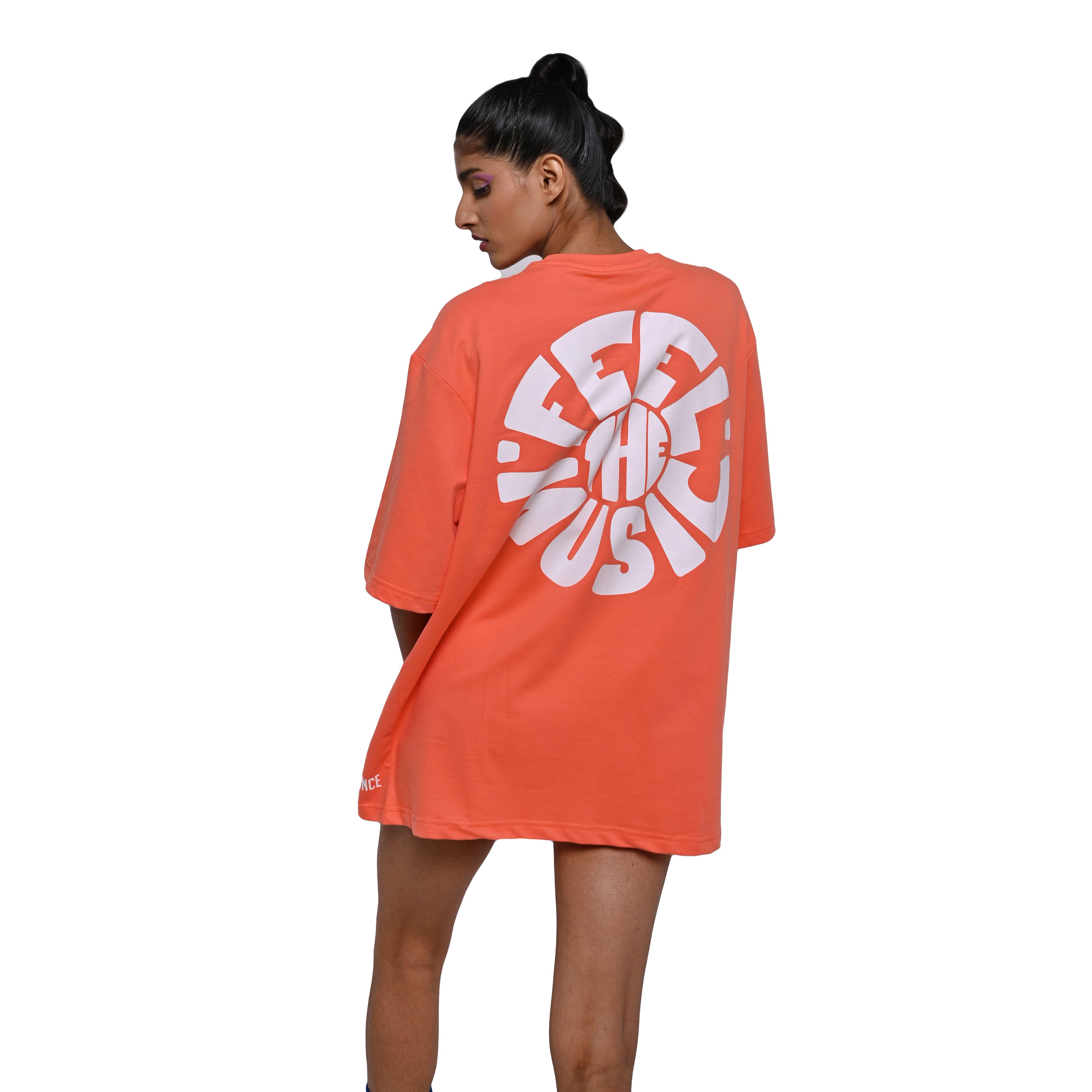 Feel the music T-Shirt: Orange, Oversized, Back Model Pose, Bio-Washed Cotton Printed by Techno Be With You