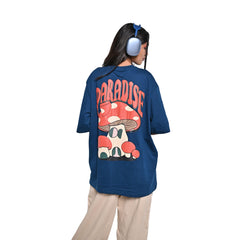 Magic Mushroom T-Shirt: Blue, Oversized, Back Model Pose, Bio-Washed Cotton Printed by Techno Be With You