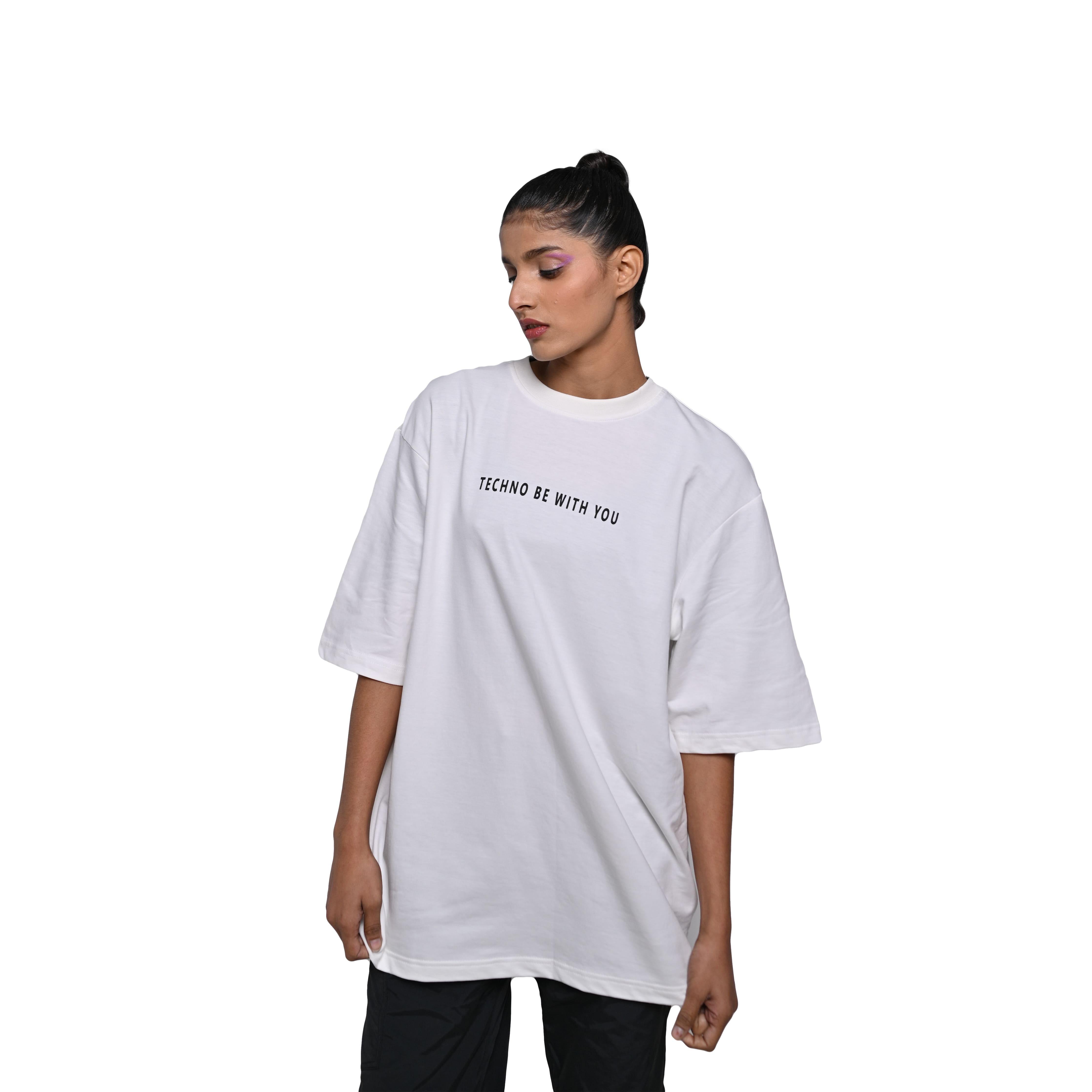 Star Trippy T-Shirt: White, Oversized, Front Model Pose, Bio-Washed Cotton Printed by Techno Be With You