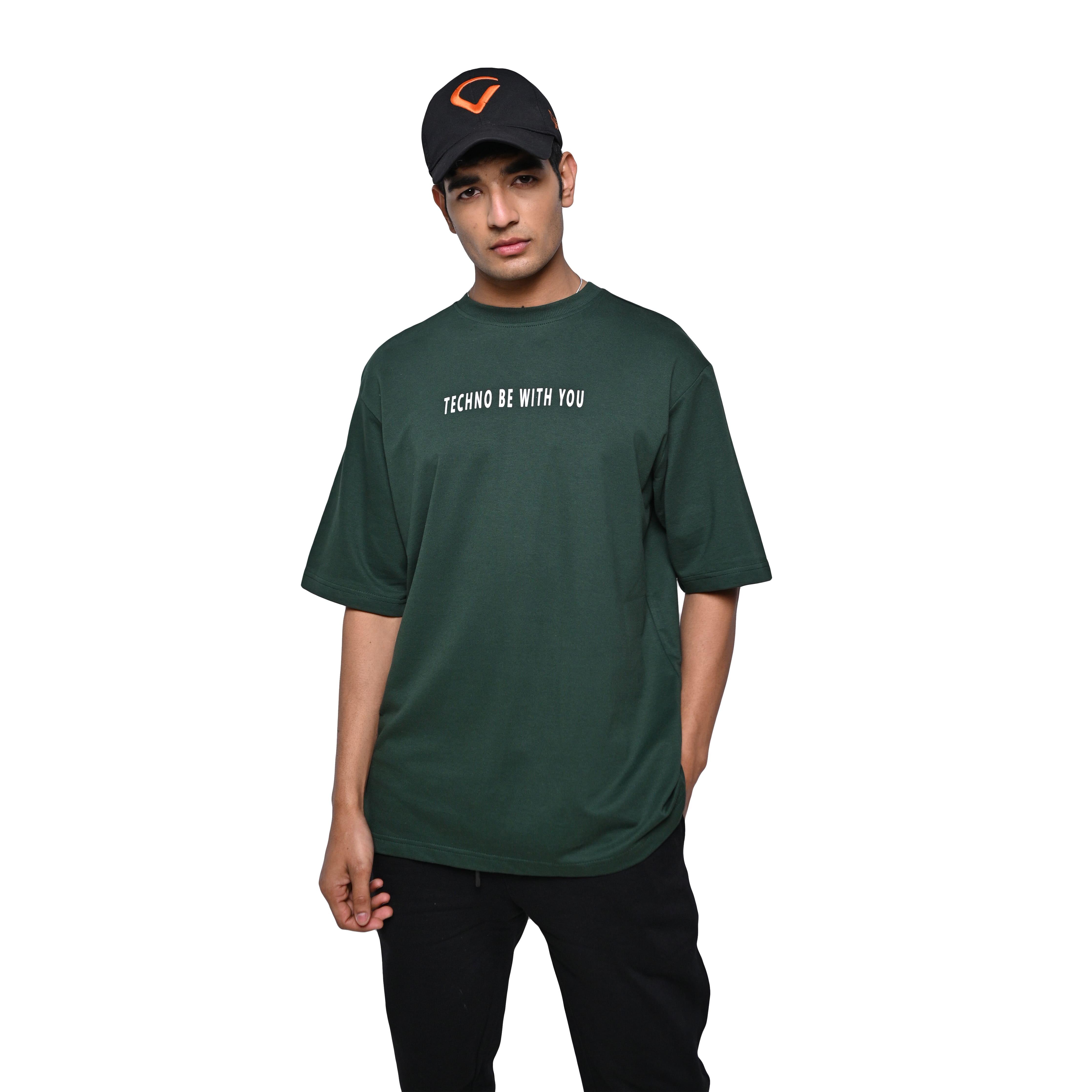 Raver T-Shirt: Dark Green, Oversized, Front Model Pose, Bio-Washed Cotton Printed by Techno Be With You