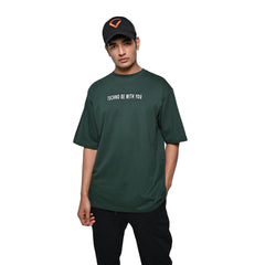 Raver T-Shirt: Dark Green, Oversized, Front Model Pose, Bio-Washed Cotton Printed by Techno Be With You