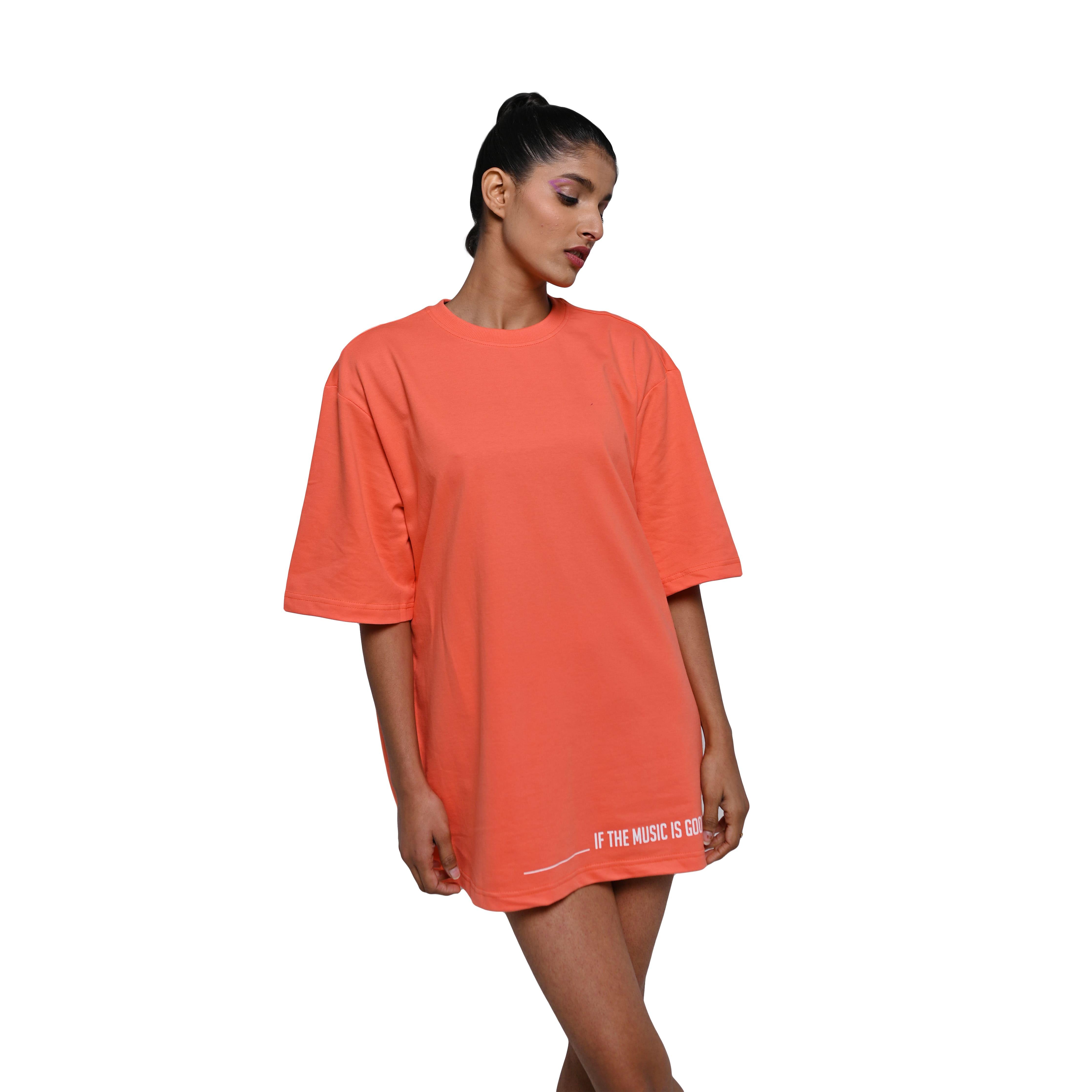 Feel the music T-Shirt: Orange, Oversized, Front Model Pose, Bio-Washed Cotton Printed by Techno Be With You