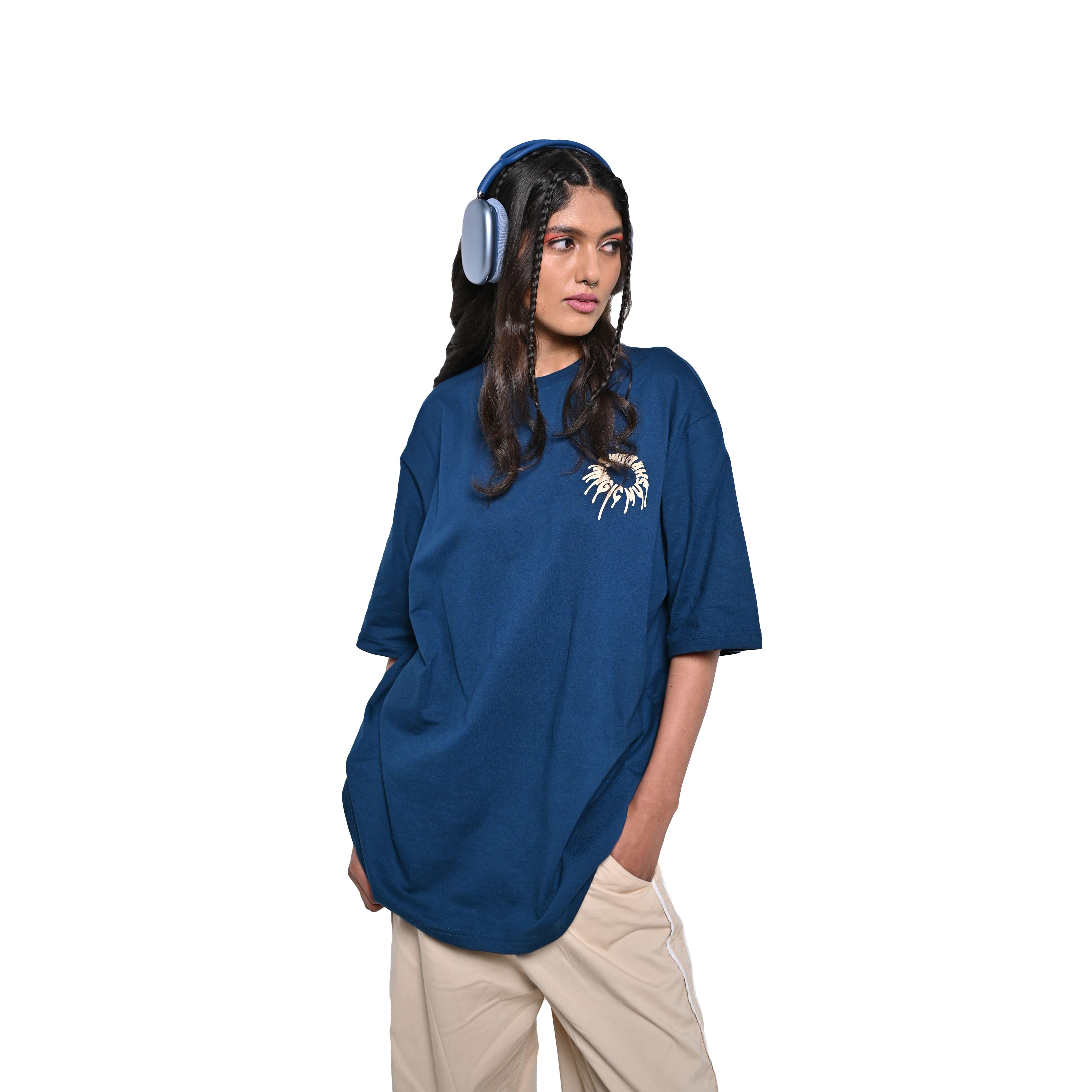 Magic Mushroom T-Shirt: Blue, Oversized, Front Model Pose, Bio-Washed Cotton Printed by Techno Be With You