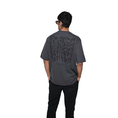 Star Trippy T-Shirt: Grey, Oversized, Back Model Pose, Bio-Washed Cotton Printed by Techno Be With You