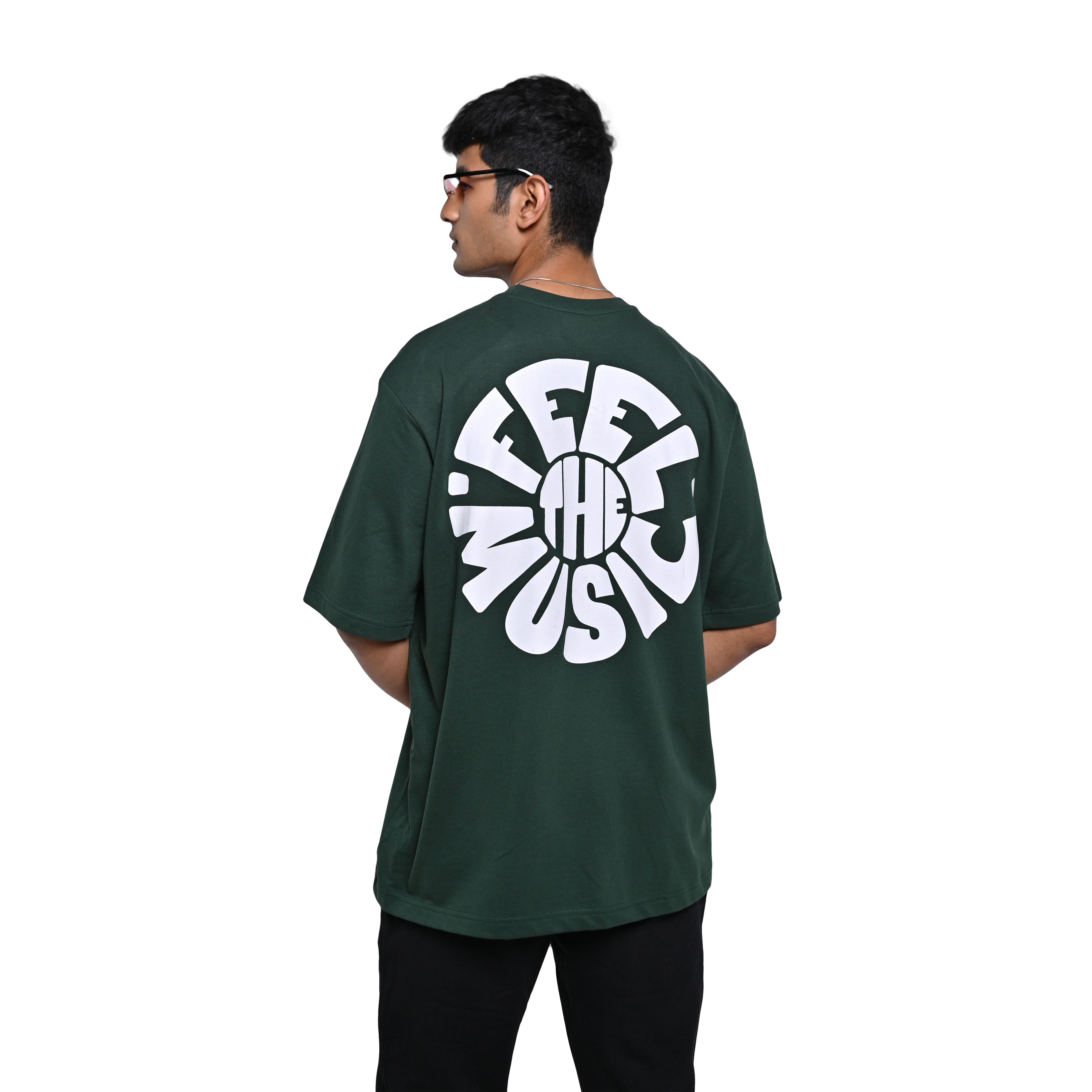 Feel the music T-Shirt: Olive, Oversized, Back Model Pose, Bio-Washed Cotton Printed by Techno Be With You