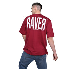 Raver T-Shirt: Dark Red, Oversized, Back Model Pose, Bio-Washed Cotton Printed by Techno Be With You