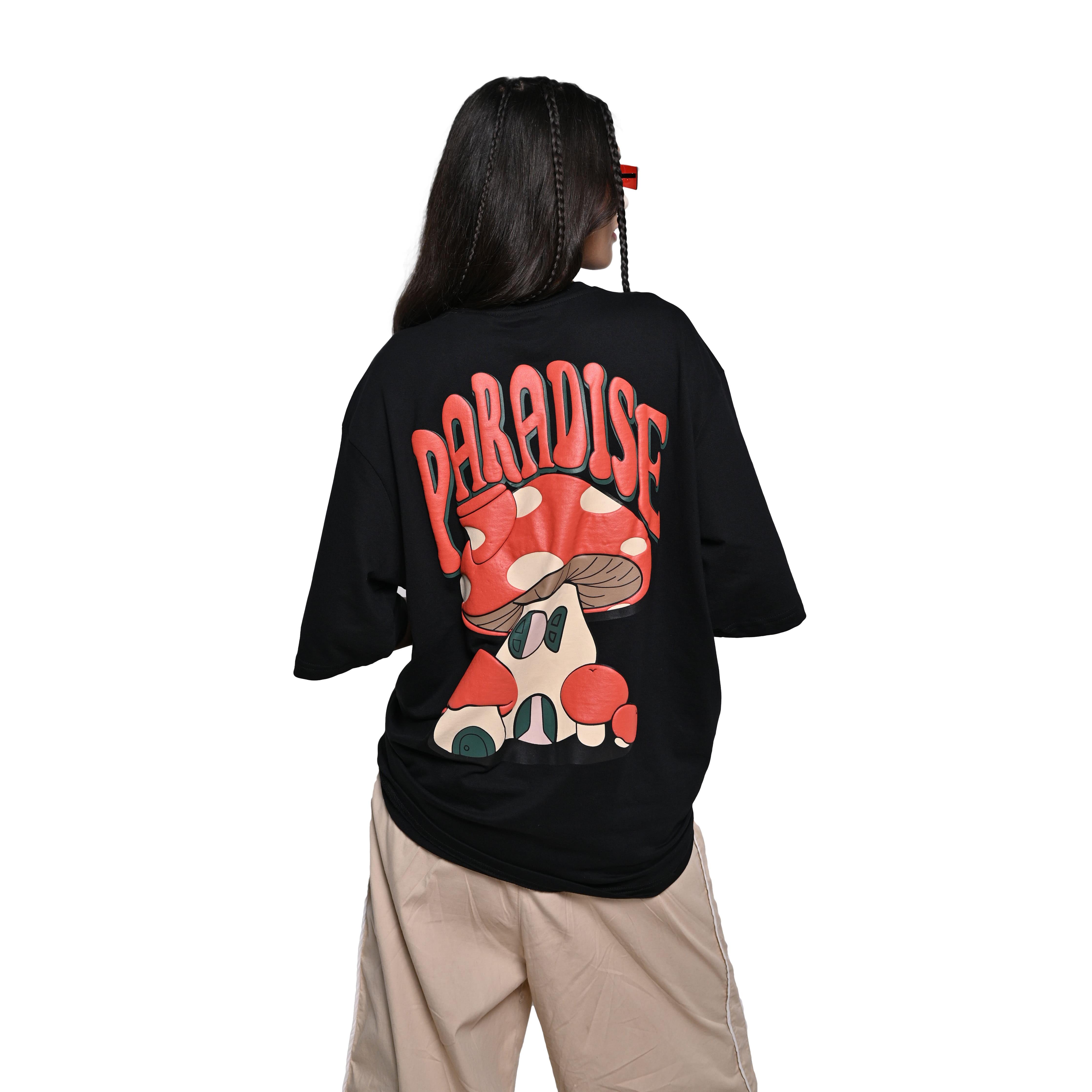 Magic Mushroom T-Shirt: Black, Oversized, Back Model Pose, Bio-Washed Cotton Printed by Techno Be With You