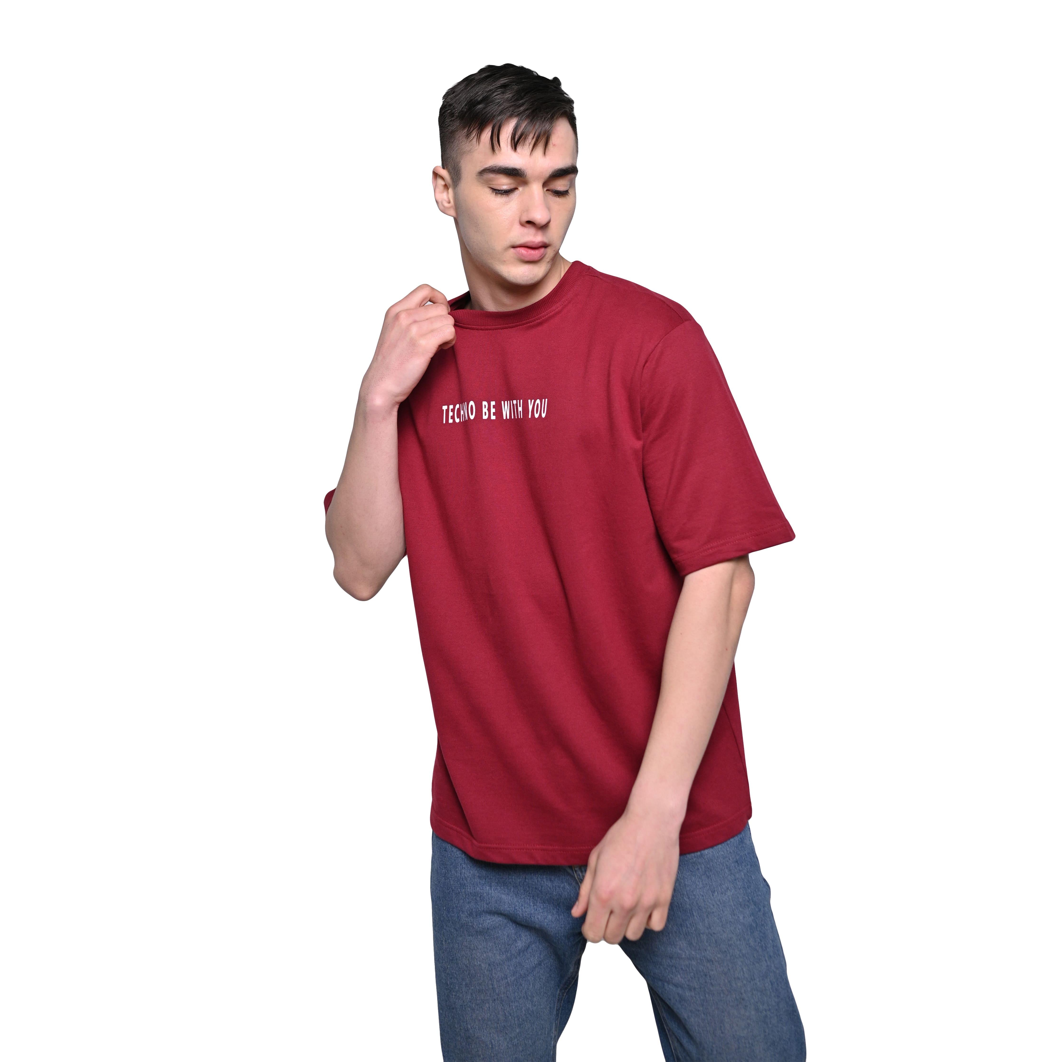Raver T-Shirt: Dark Red, Oversized, Front Model Pose, Bio-Washed Cotton Printed by Techno Be With You