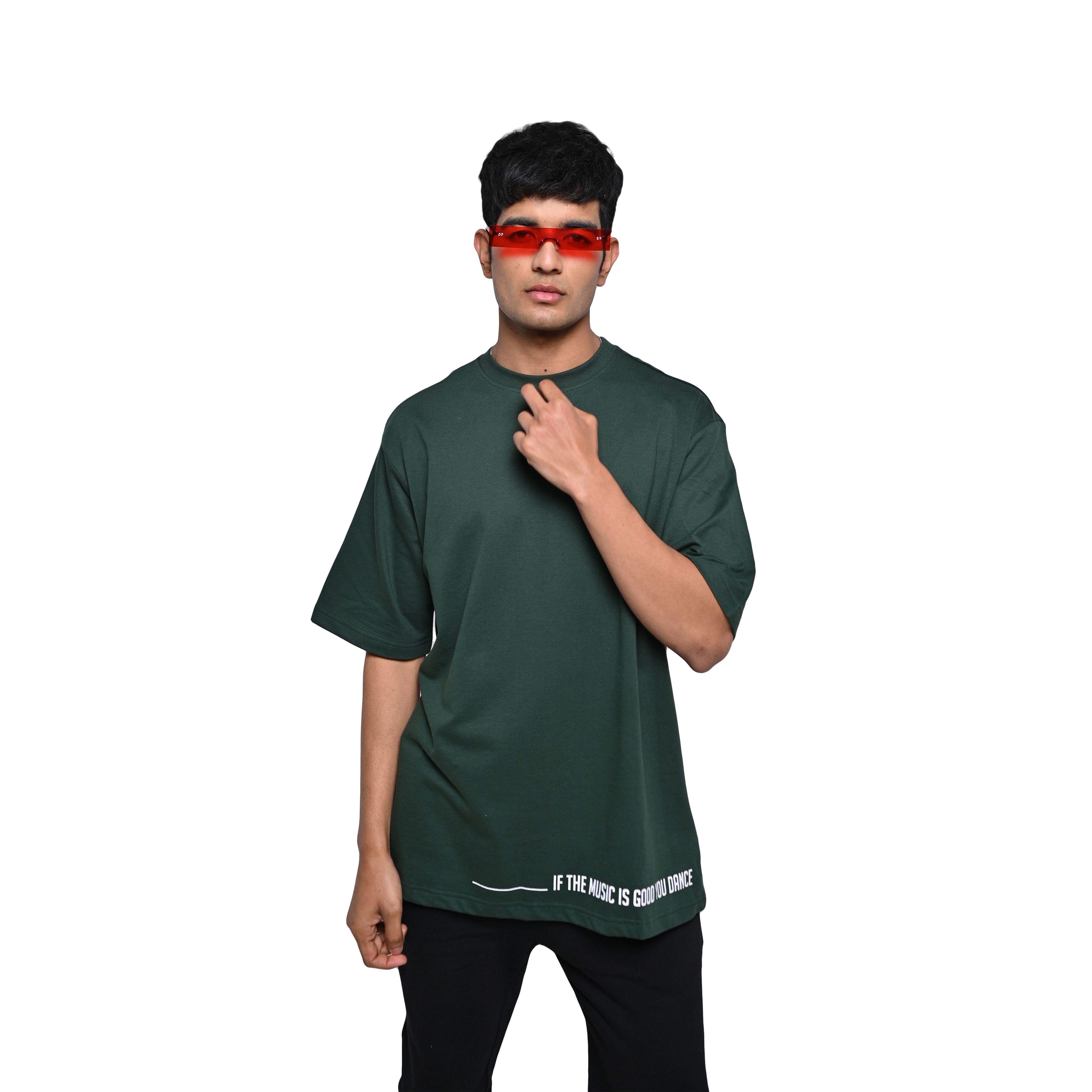 Feel the music T-Shirt: Olive, Oversized, Front Model Pose, Bio-Washed Cotton Printed by Techno Be With You