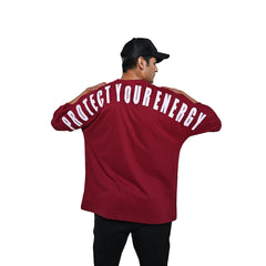 Protect Your Energy T-Shirt: Dark Red, Oversized, Back Model Pose, Bio-Washed Cotton Printed by Techno Be With You
