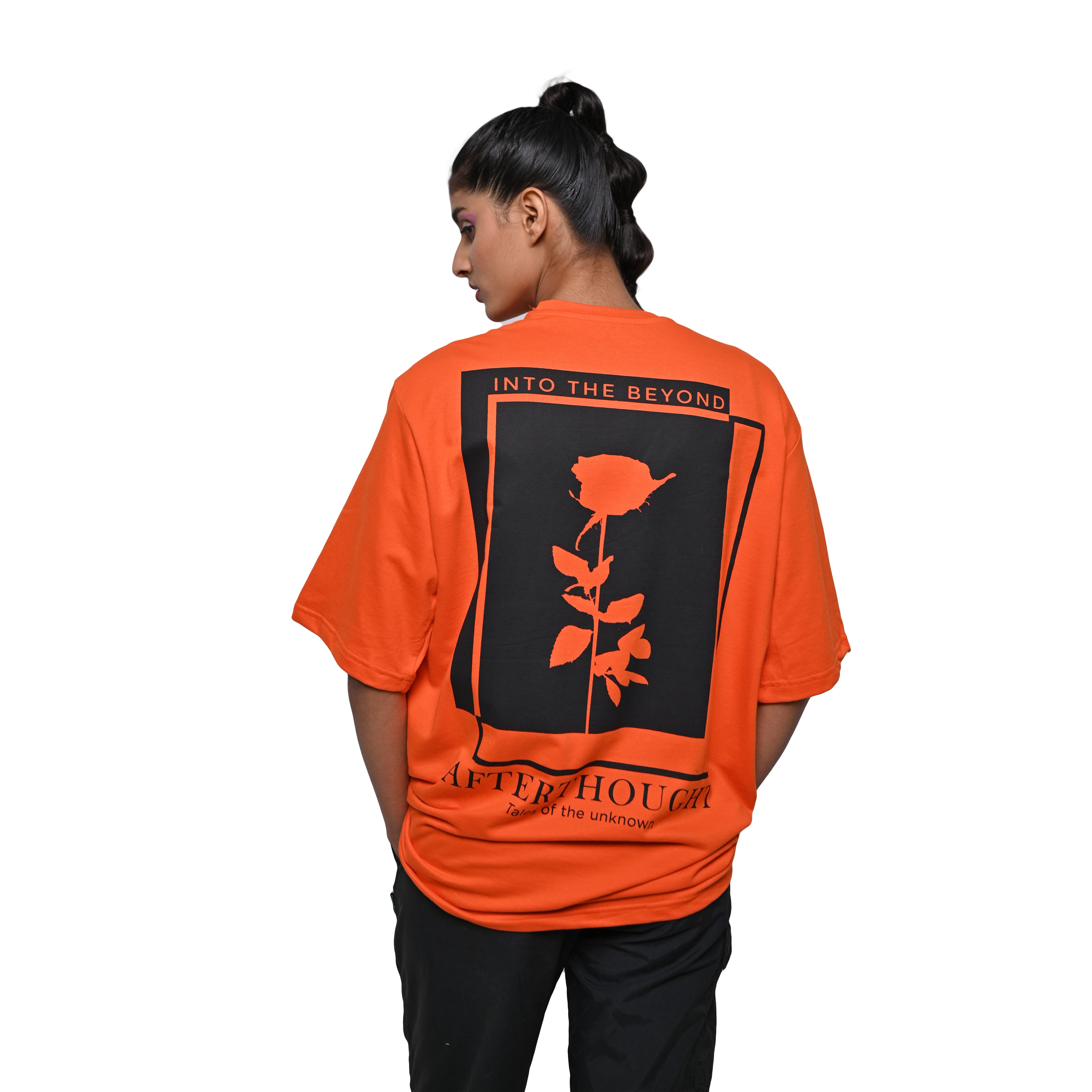 Oversized orange t-shirt with Afterthought style print on the back side with model
