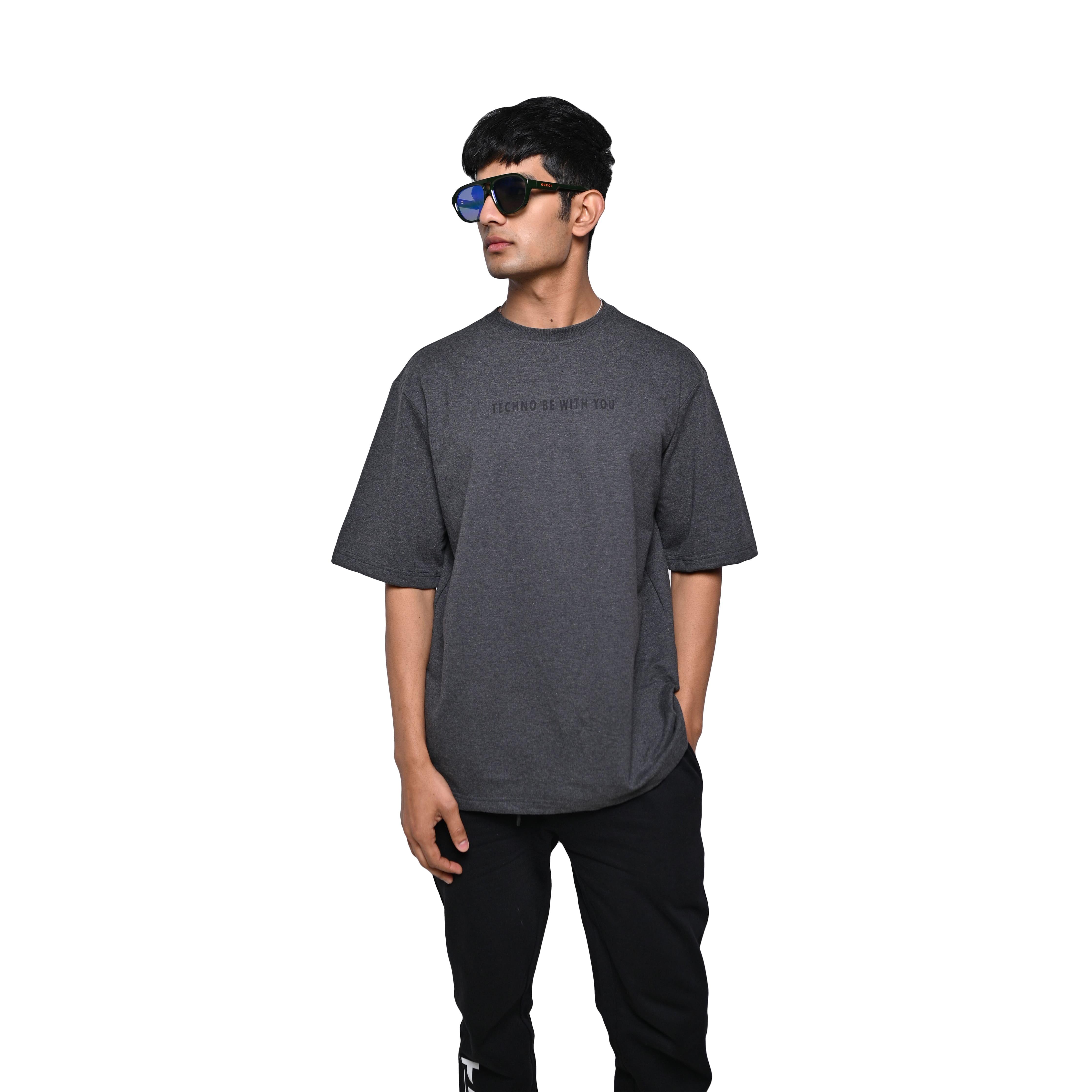 Star Trippy T-Shirt: Grey, Oversized, Front Model Pose, Bio-Washed Cotton Printed by Techno Be With You