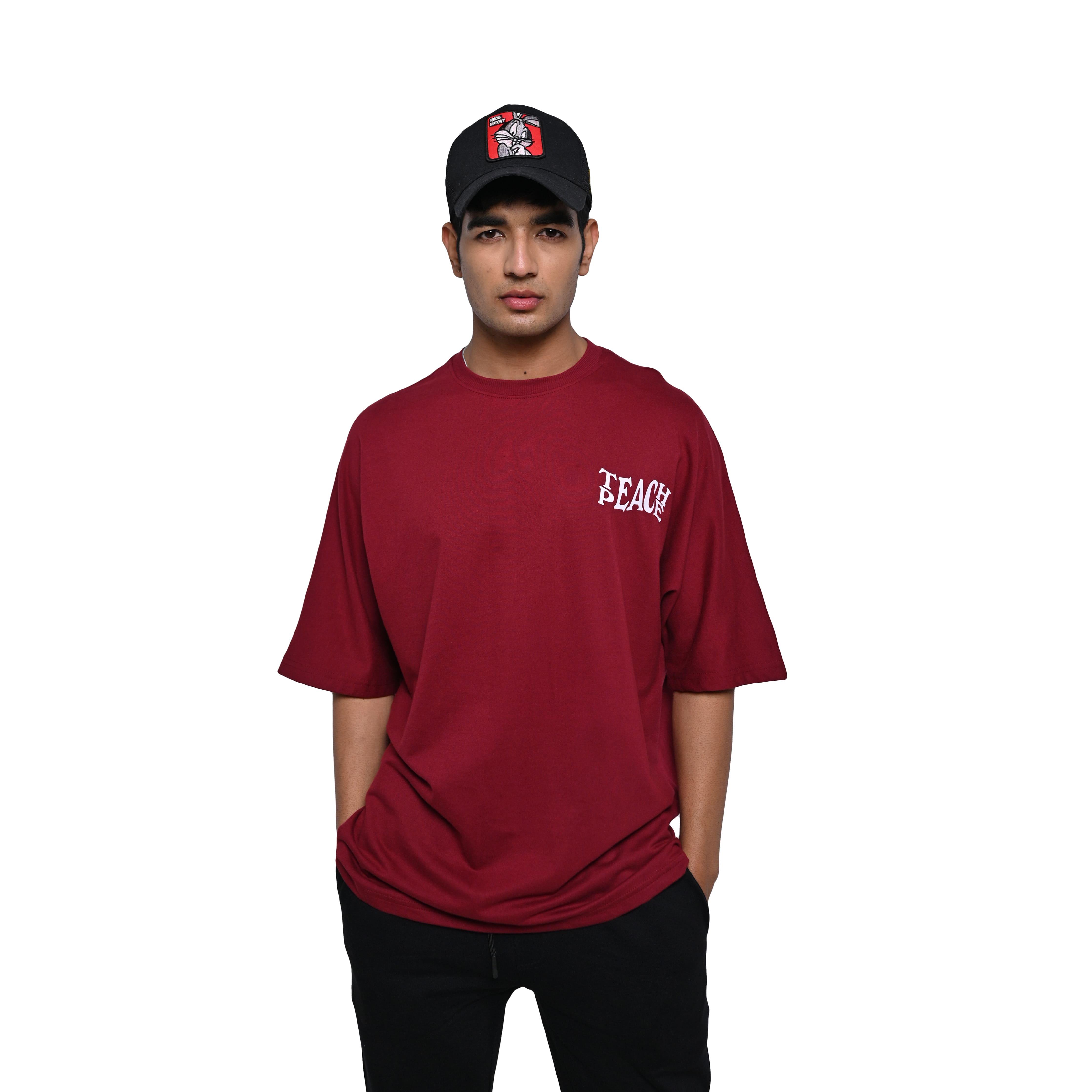 Protect Your Energy T-Shirt: Dark Red, Oversized, Front Model Pose, Bio-Washed Cotton Printed by Techno Be With You