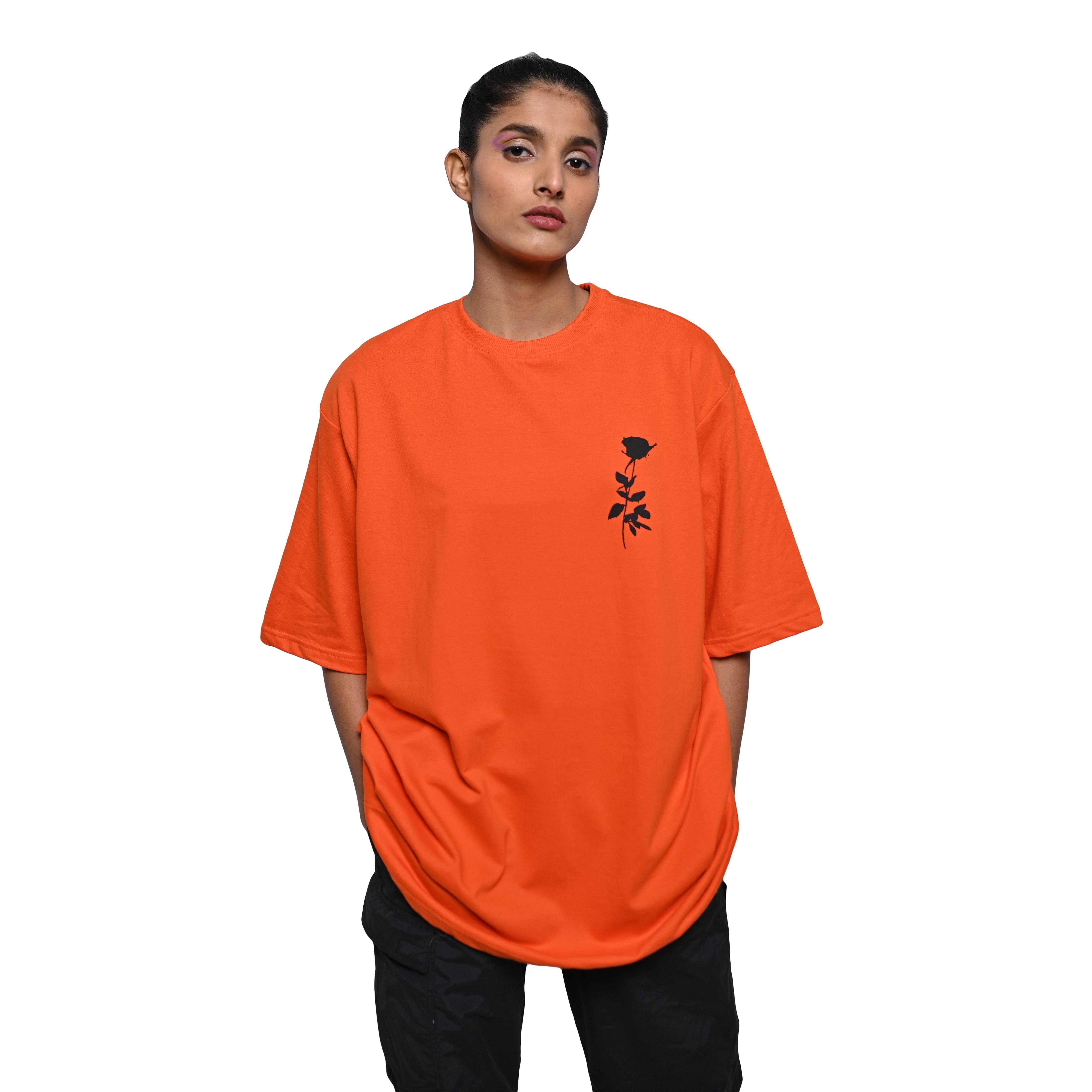Afterthought Oversized T-Shirt: Orange, Oversized, Front Model Pose, Bio-Washed Cotton Printed by Techno Be With You
