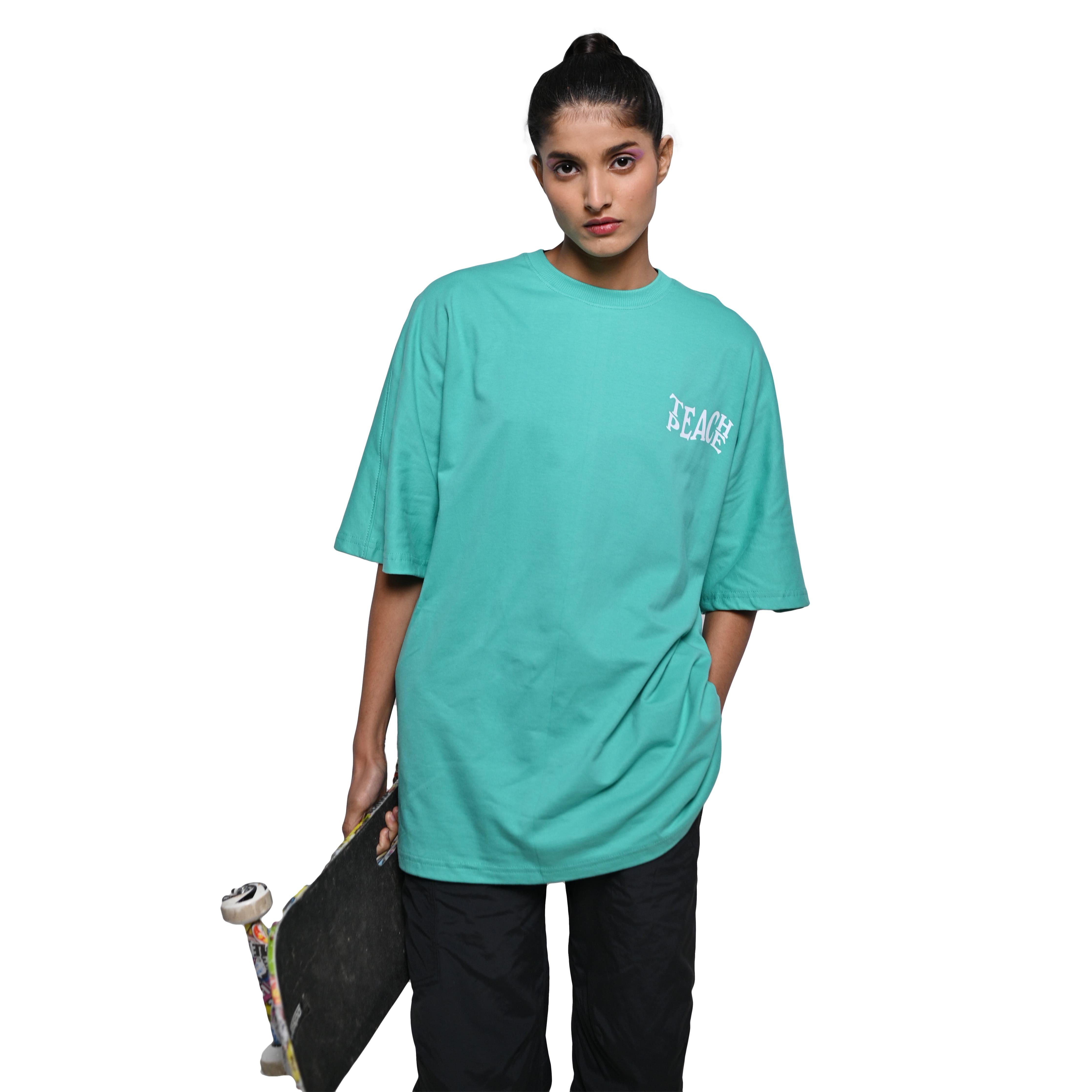 Protect Your Energy T-Shirt: Bright Green, Oversized, Front Model Pose, Bio-Washed Cotton Printed by Techno Be With You