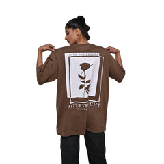 Afterthought Oversized T-Shirt: Brown, Oversized, Back Model Pose, Bio-Washed Cotton Printed by Techno Be With You