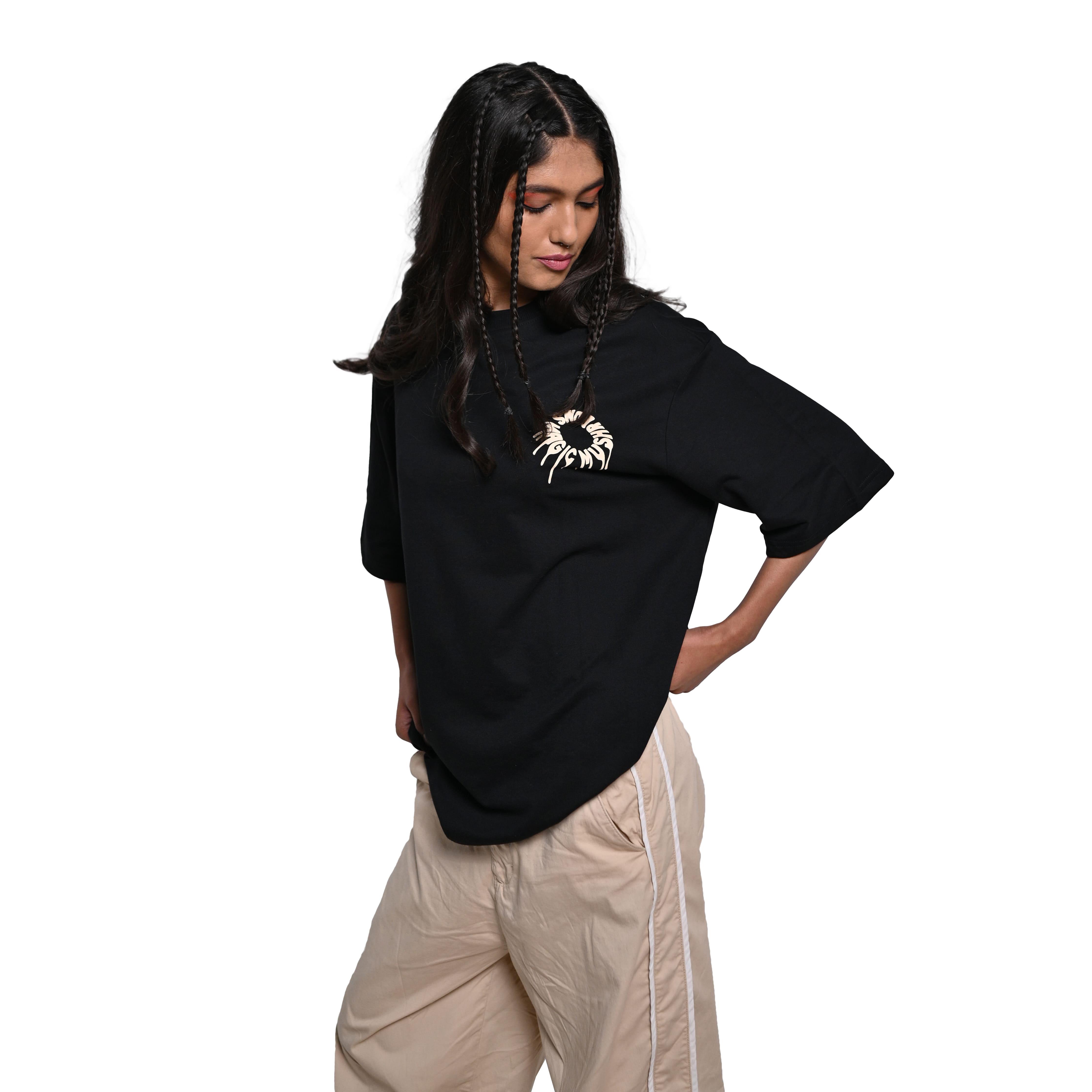 Magic Mushroom T-Shirt: Black, Oversized, Front Model Pose, Bio-Washed Cotton Printed by Techno Be With You