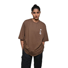 Afterthought Oversized T-Shirt: Brown, Oversized, Front Model Pose, Bio-Washed Cotton Printed by Techno Be With You