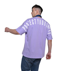 Protect Your Energy T-Shirt: Lavender, Oversized, Back Model Pose, Bio-Washed Cotton Printed by Techno Be With You